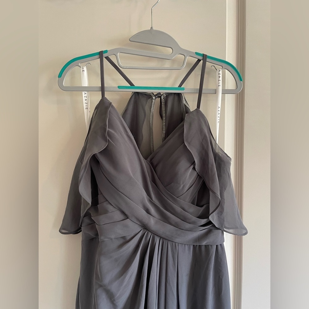Azazie floor length bridesmaid gray dress with slit and off the shoulders